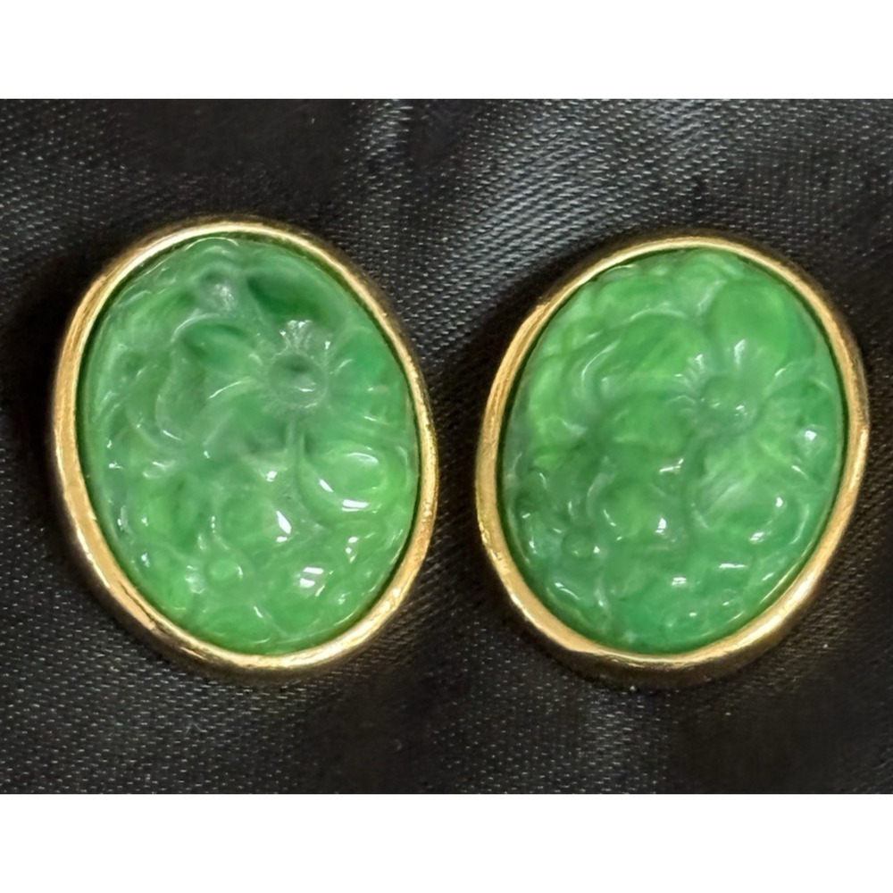 Vintage Floral Green Lucite Stud Earrings Gold Tone By Avon Faux Jade Peking